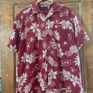 Sea Island, red aloha shirt with breadfruit, size M